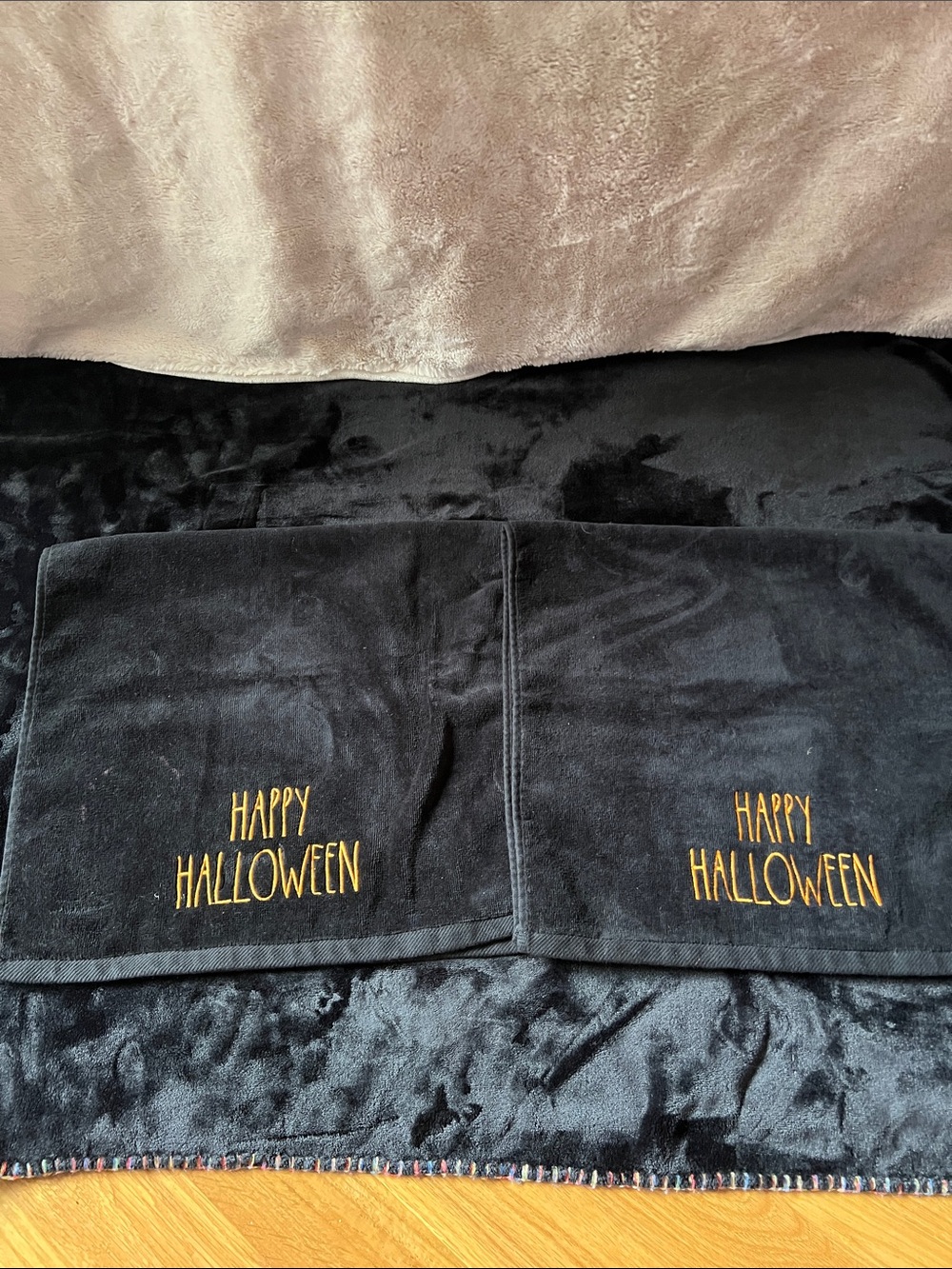 Rae Dunn Black Halloween Hand Towels with Gold "Happy Halloween" Embroidery